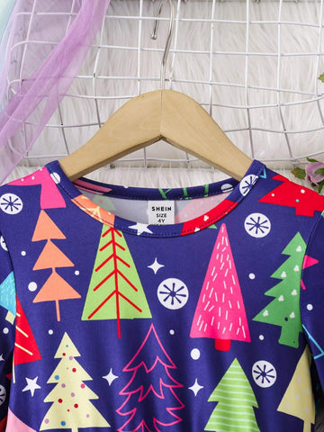 Christmas Girls Casual Long Sleeve Round Neck Digital Christmas Tree Print Dress, Textured Fabric, Comfortable & Versatile