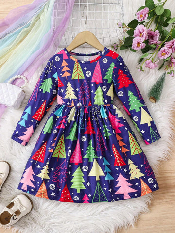 Christmas Girls Casual Long Sleeve Round Neck Digital Christmas Tree Print Dress, Textured Fabric, Comfortable & Versatile