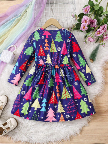 Christmas Girls Casual Long Sleeve Round Neck Digital Christmas Tree Print Dress, Textured Fabric, Comfortable & Versatile