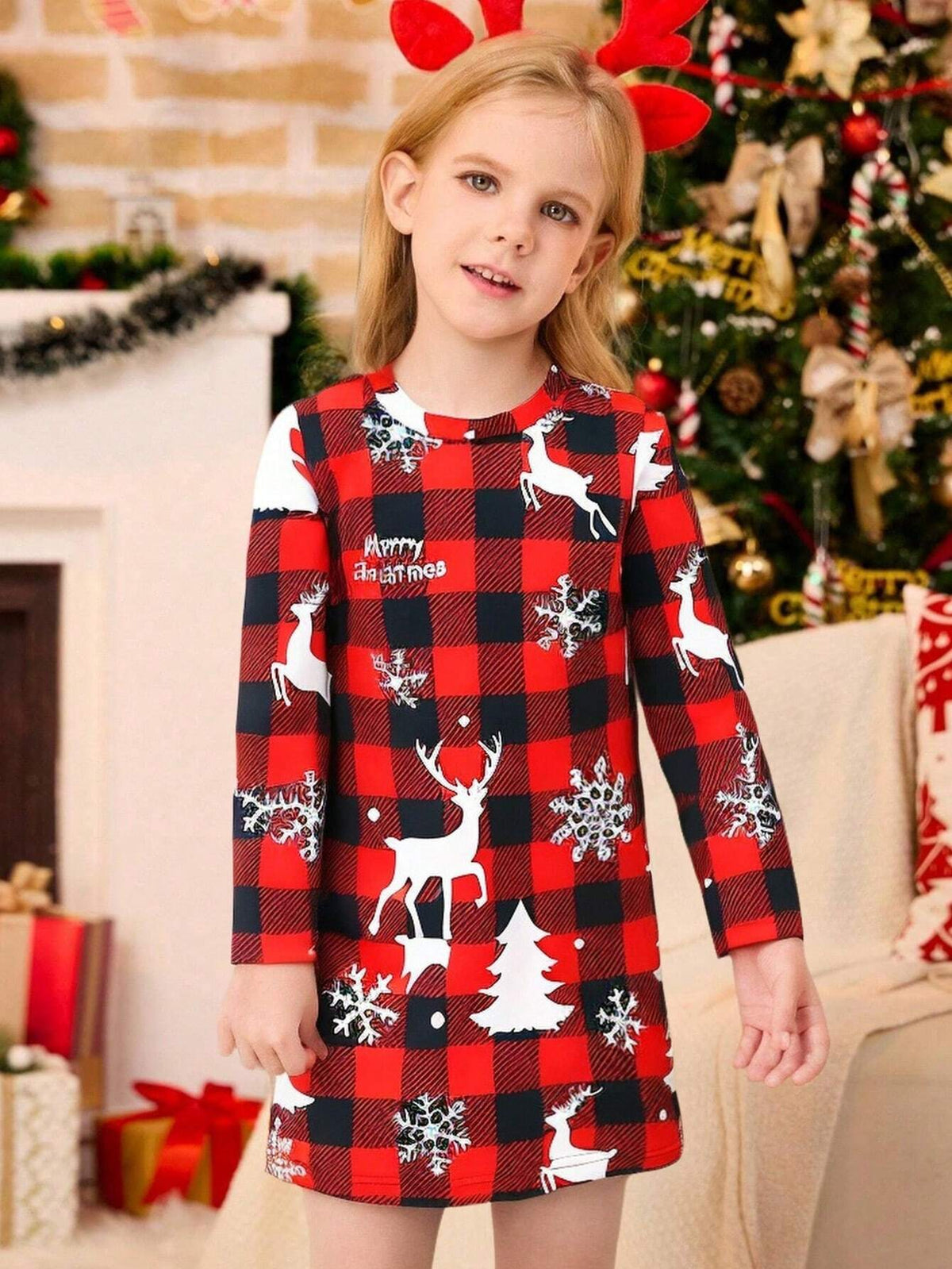 Christmas Girls Casual Red Plaid Christmas Tree & Reindeer Print Long Sleeve Dress