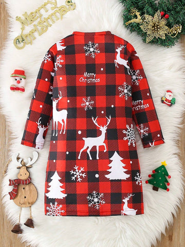 Christmas Girls Casual Red Plaid Christmas Tree & Reindeer Print Long Sleeve Dress