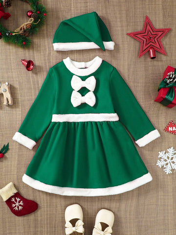 Christmas Girls Dress With Cute Color Block Peter Pan Collar Long Sleeve, Bow Decor, Matching Hat, Casual Christmas Outfit