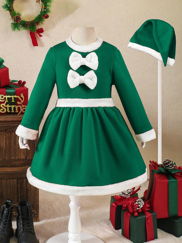 Christmas Girls Dress With Cute Color Block Peter Pan Collar Long Sleeve, Bow Decor, Matching Hat, Casual Christmas Outfit