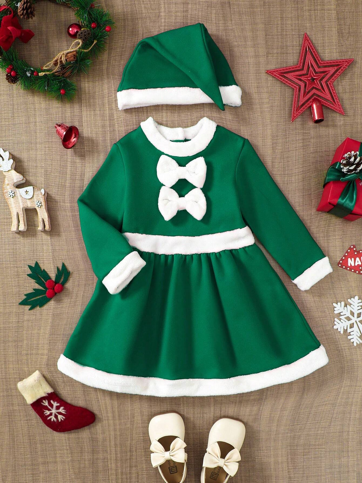 Christmas Girls Dress With Cute Color Block Peter Pan Collar Long Sleeve, Bow Decor, Matching Hat, Casual Christmas Outfit