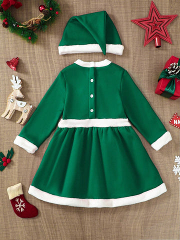 Christmas Girls Dress With Cute Color Block Peter Pan Collar Long Sleeve, Bow Decor, Matching Hat, Casual Christmas Outfit
