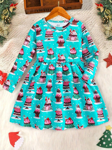 Christmas Girls Long Sleeve Christmas Santa, Christmas Tree, Leopard Print Waisted Round Neck Dress, Spring/Autumn, Toddler & Little Girls