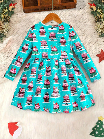 Christmas Girls Long Sleeve Christmas Santa, Christmas Tree, Leopard Print Waisted Round Neck Dress, Spring/Autumn, Toddler & Little Girls