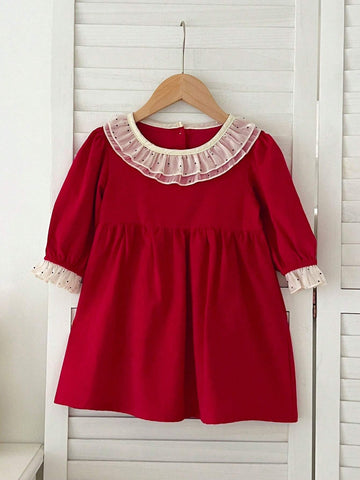 Christmas Girls Long Sleeve Lace Red Princess Dress
