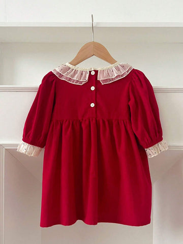 Christmas Girls Long Sleeve Lace Red Princess Dress