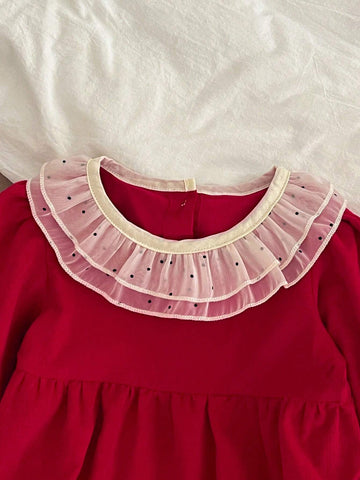 Christmas Girls Long Sleeve Lace Red Princess Dress