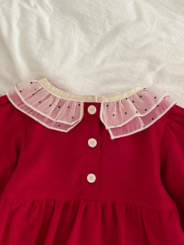 Christmas Girls Long Sleeve Lace Red Princess Dress