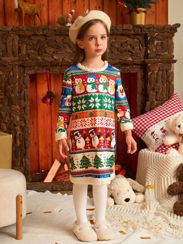 Christmas Girls Lovely Snowman, Penguin, Deer All-Over Print Faux Fur Trim Long Sleeve Dress