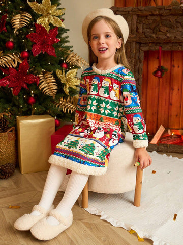 Christmas Girls Lovely Snowman, Penguin, Deer All-Over Print Faux Fur Trim Long Sleeve Dress