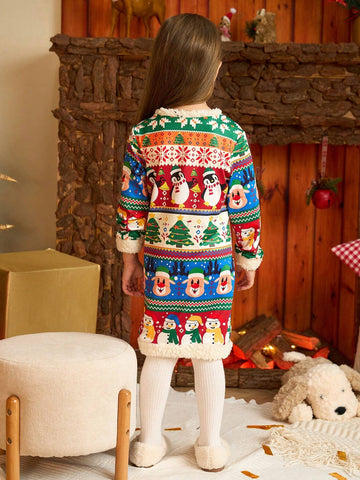 Christmas Girls Lovely Snowman, Penguin, Deer All-Over Print Faux Fur Trim Long Sleeve Dress