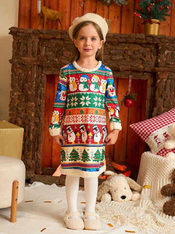 Christmas Girls Lovely Snowman, Penguin, Deer All-Over Print Faux Fur Trim Long Sleeve Dress