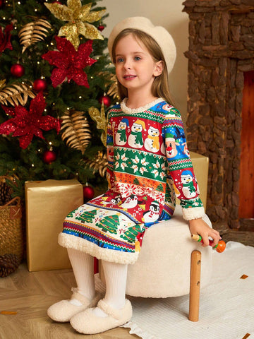 Christmas Girls Lovely Snowman, Penguin, Deer All-Over Print Faux Fur Trim Long Sleeve Dress