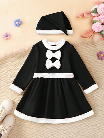 Christmas Girls Outfit - Red Patchwork White Collar Long Sleeve Christmas Bow Decor Party Dress With Cute Hat, Casual Autumn/Winter 2023-2024 New Arrival