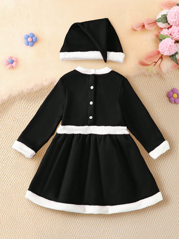 Christmas Girls Outfit - Red Patchwork White Collar Long Sleeve Christmas Bow Decor Party Dress With Cute Hat, Casual Autumn/Winter 2023-2024 New Arrival