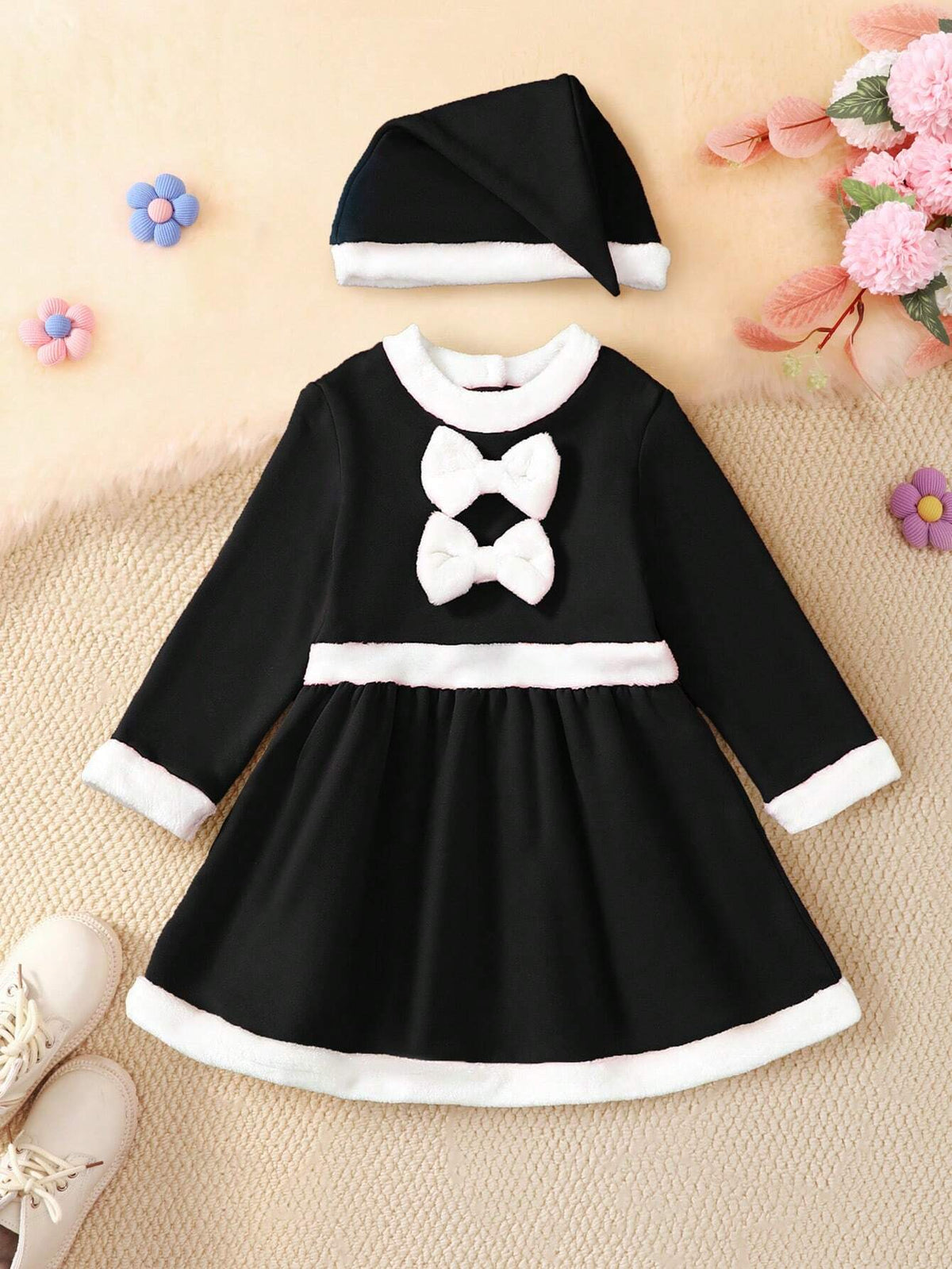 Christmas Girls Outfit - Red Patchwork White Collar Long Sleeve Christmas Bow Decor Party Dress With Cute Hat, Casual Autumn/Winter 2023-2024 New Arrival