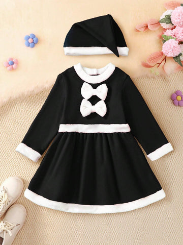 Christmas Girls Outfit - Red Patchwork White Collar Long Sleeve Christmas Bow Decor Party Dress With Cute Hat, Casual Autumn/Winter 2023-2024 New Arrival