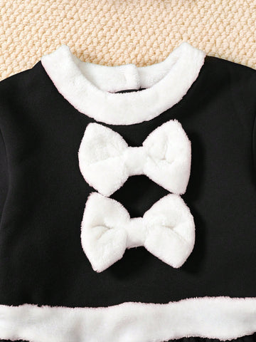 Christmas Girls Outfit - Red Patchwork White Collar Long Sleeve Christmas Bow Decor Party Dress With Cute Hat, Casual Autumn/Winter 2023-2024 New Arrival