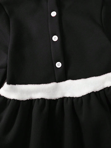 Christmas Girls Outfit - Red Patchwork White Collar Long Sleeve Christmas Bow Decor Party Dress With Cute Hat, Casual Autumn/Winter 2023-2024 New Arrival