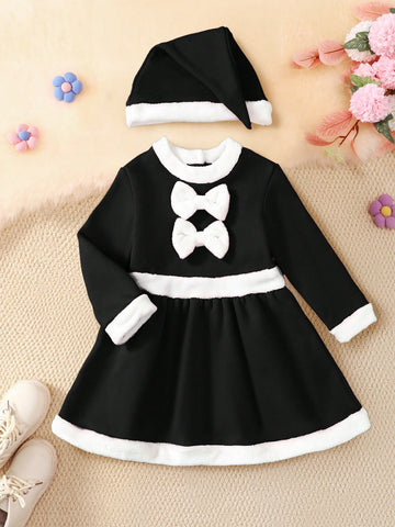 Christmas Girls Outfit - Red Patchwork White Collar Long Sleeve Christmas Bow Decor Party Dress With Cute Hat, Casual Autumn/Winter 2023-2024 New Arrival