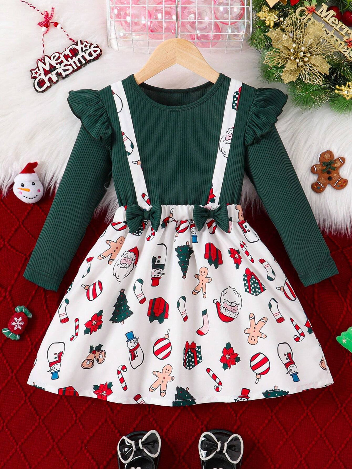 Christmas Girls Ruffle Bow Decor Snowman Candy Cane Christmas Tree Print Dress