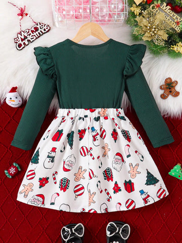 Christmas Girls Ruffle Bow Decor Snowman Candy Cane Christmas Tree Print Dress