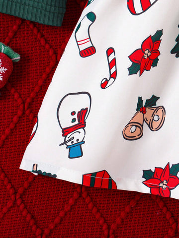 Christmas Girls Ruffle Bow Decor Snowman Candy Cane Christmas Tree Print Dress
