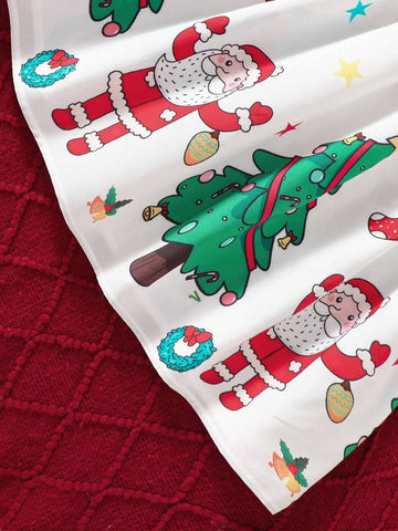 Christmas Girls Santa Claus Dress With Long Sleeve, Round Neck, Patch Design, Santa Print & Bow Decor, Elegant Look For Autumn/Winter