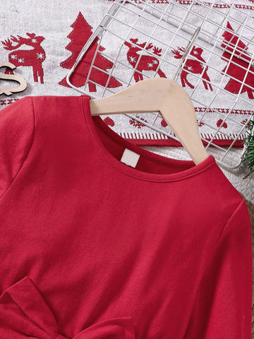 Christmas Girls Santa Claus Dress With Long Sleeve, Round Neck, Patch Design, Santa Print & Bow Decor, Elegant Look For Autumn/Winter
