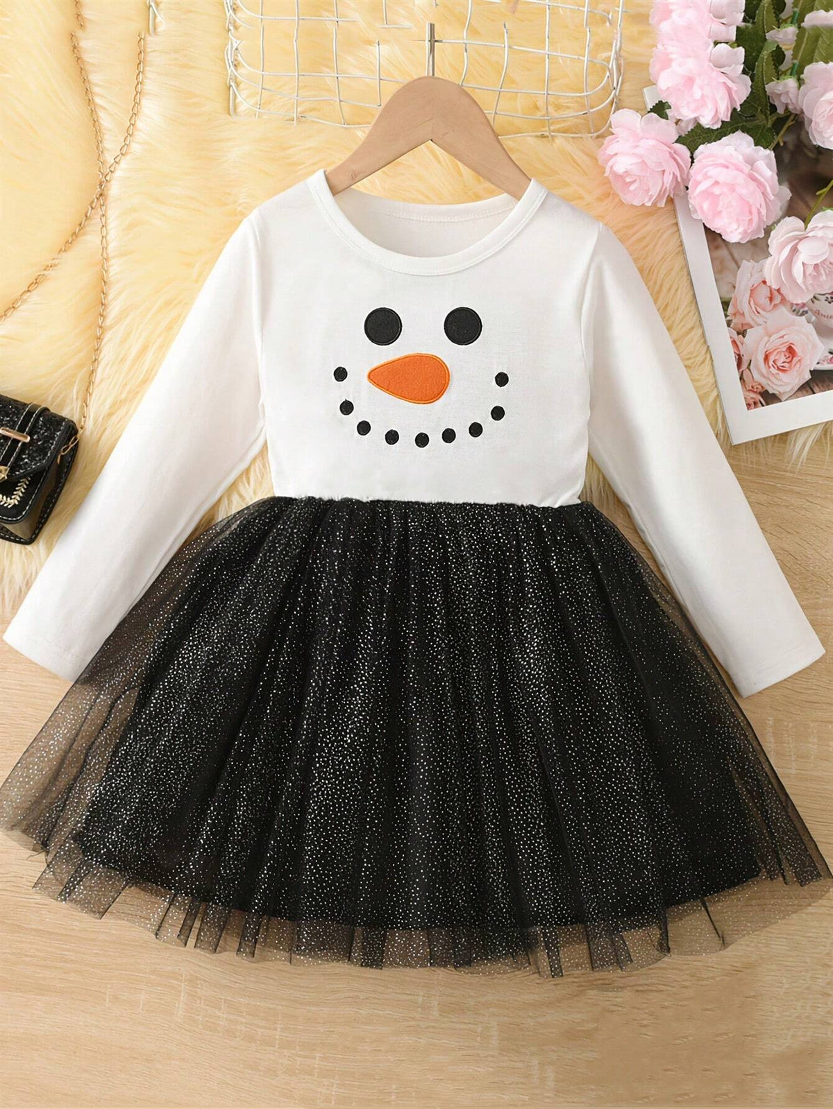 Christmas Girls Snowman Print Splice Mesh Long Sleeve Dress