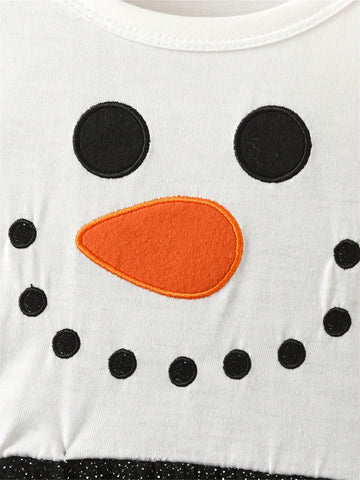 Christmas Girls Snowman Print Splice Mesh Long Sleeve Dress
