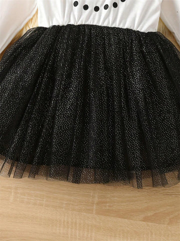 Christmas Girls Snowman Print Splice Mesh Long Sleeve Dress