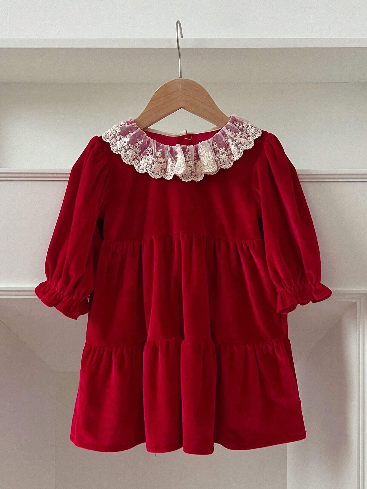 Christmas Girls Sweet Lace Trim Princess Red Dress