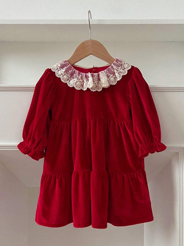 Christmas Girls Sweet Lace Trim Princess Red Dress