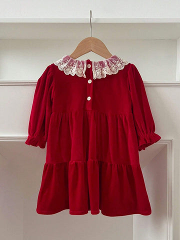 Christmas Girls Sweet Lace Trim Princess Red Dress