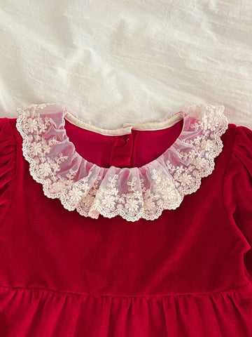 Christmas Girls Sweet Lace Trim Princess Red Dress