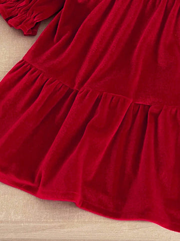 Christmas Girls Sweet Lace Trim Princess Red Dress
