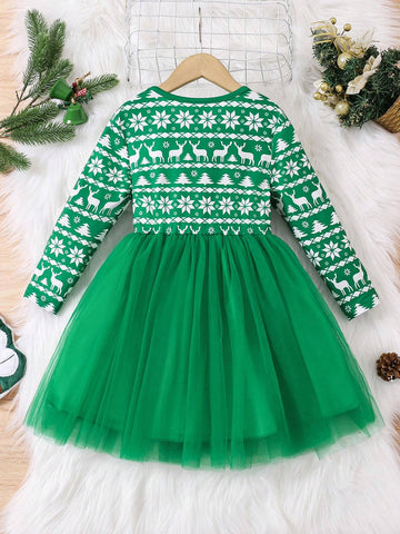 Christmas Holiday Red Santa Print With Mesh Tulle Skirt Adorned With Bow, Fashionable Girls Dress To Bring Holiday Vibe & Liveliness