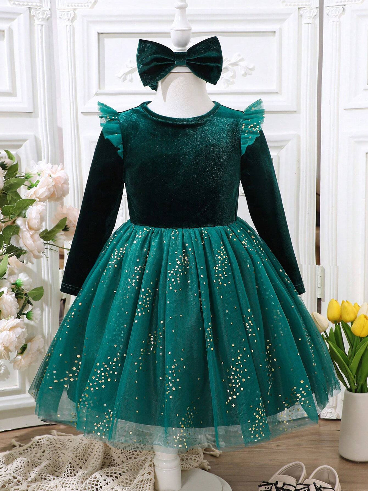 Christmas, New Year's Young Girl Elegant Net Yarn Cap Sleeve Patchwork Luxurious Foil Velvet Green Party Dress, Autumn/Winter