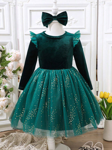 Christmas, New Year's Young Girl Elegant Net Yarn Cap Sleeve Patchwork Luxurious Foil Velvet Green Party Dress, Autumn/Winter