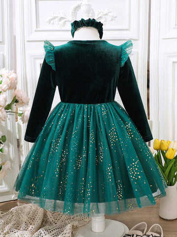 Christmas, New Year's Young Girl Elegant Net Yarn Cap Sleeve Patchwork Luxurious Foil Velvet Green Party Dress, Autumn/Winter