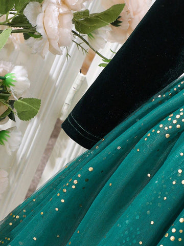 Christmas, New Year's Young Girl Elegant Net Yarn Cap Sleeve Patchwork Luxurious Foil Velvet Green Party Dress, Autumn/Winter