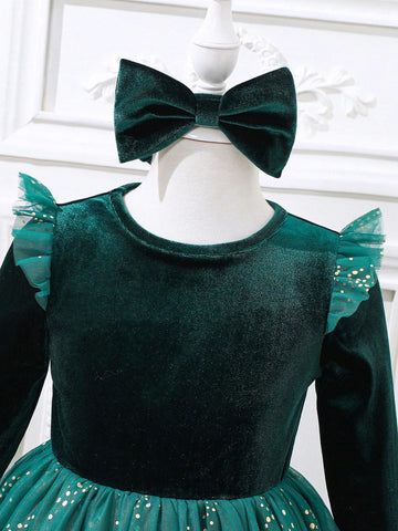 Christmas, New Year's Young Girl Elegant Net Yarn Cap Sleeve Patchwork Luxurious Foil Velvet Green Party Dress, Autumn/Winter