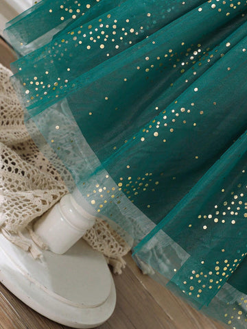 Christmas, New Year's Young Girl Elegant Net Yarn Cap Sleeve Patchwork Luxurious Foil Velvet Green Party Dress, Autumn/Winter