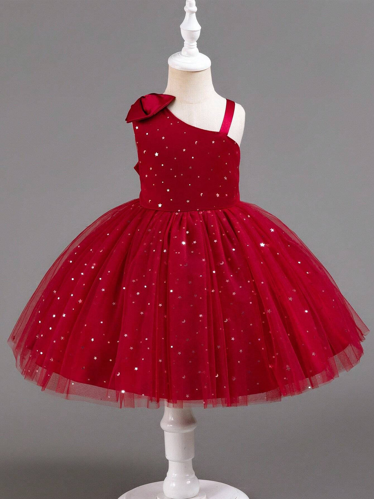 Christmas Party Dress For Toddlers, Sleeveless Sequined Mesh Puff Skirt, Red Color, Bridesmaid Gown