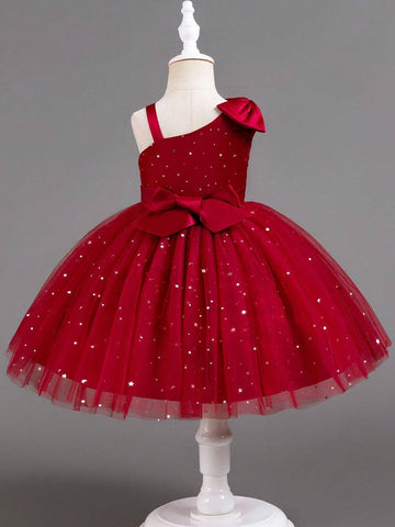 Christmas Party Dress For Toddlers, Sleeveless Sequined Mesh Puff Skirt, Red Color, Bridesmaid Gown