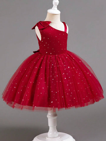 Christmas Party Dress For Toddlers, Sleeveless Sequined Mesh Puff Skirt, Red Color, Bridesmaid Gown